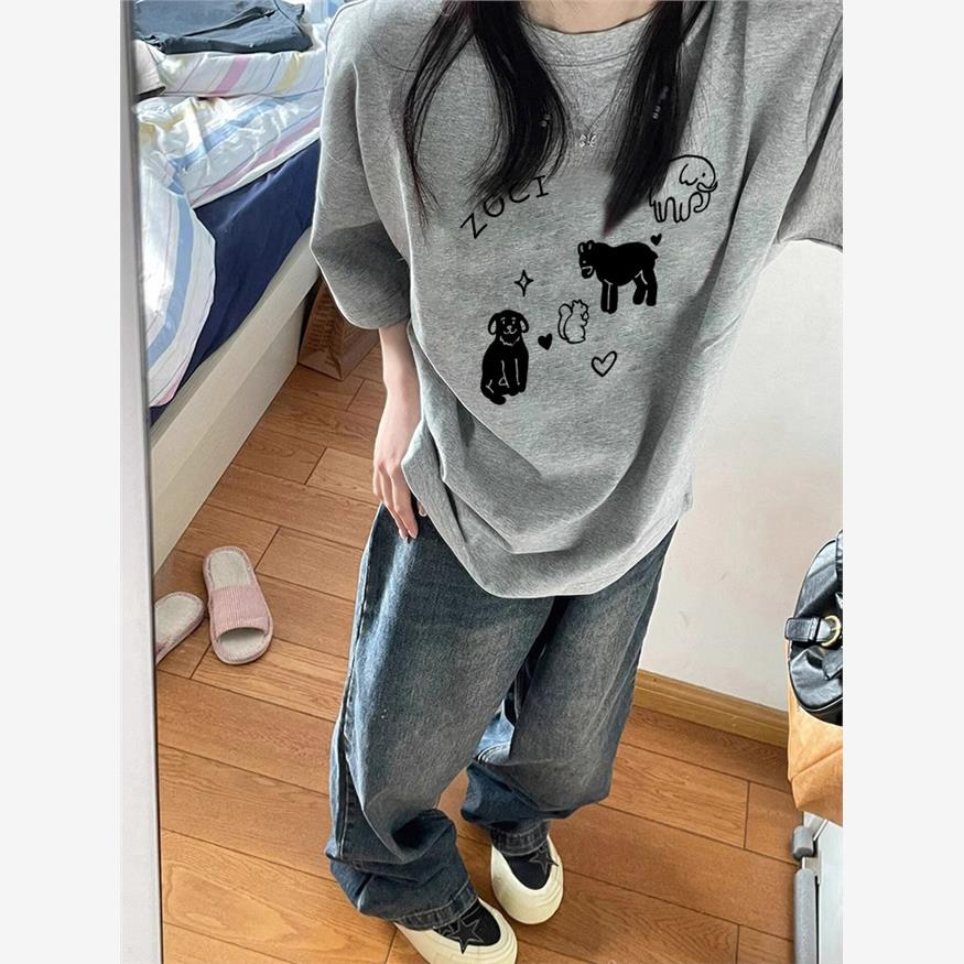 纯棉灰色正肩短袖t恤女2025新款大码夏季美式复古慵懒风半袖上衣