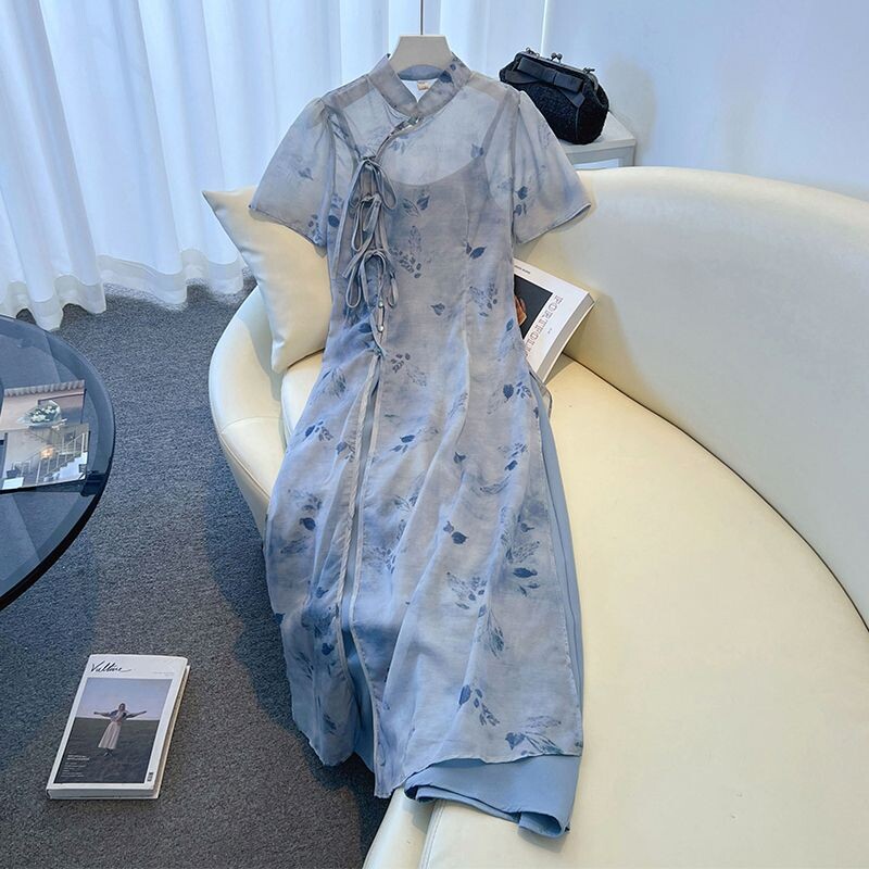 【清新蓝墨】新中式女装复古国风冷清禅意夏季新款仙女吊带连衣裙