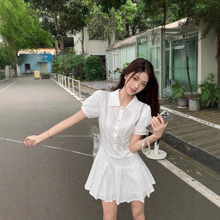 学院风泡泡袖polo领白色连衣裙2025夏季新款初恋甜美小个子短裙子