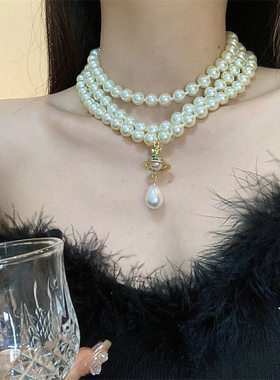 新版三层珍珠项链经典复古水滴单层锁骨链毛衣链美