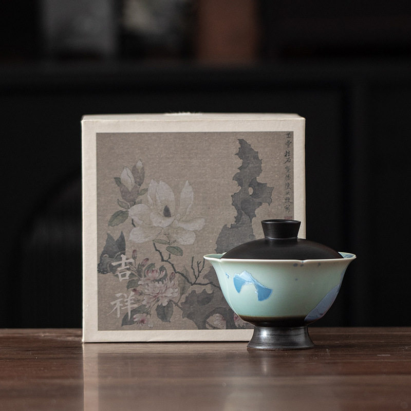 冰花窑变结晶花口高足盖碗陶瓷个人泡茶碗敬茶碗家用带盖大号茶杯