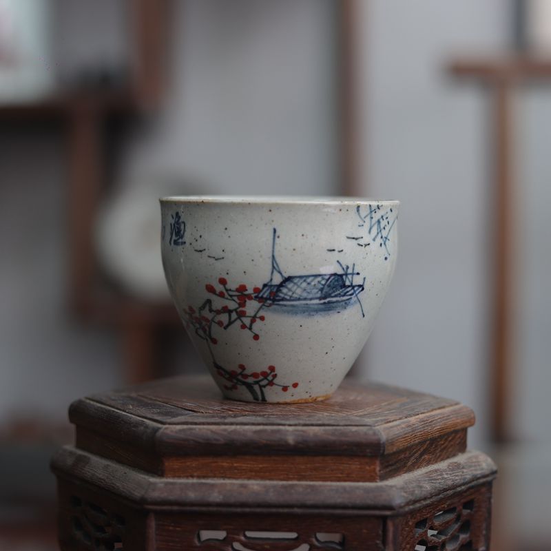 粗陶手拉胚书法主人杯个人杯陶瓷茶具单杯仿古玉兰茶盏古陶品茗杯