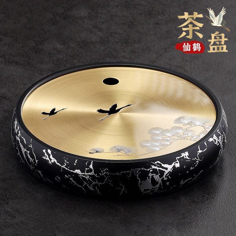 金玉香铜茶盘家用小型托盘轻奢现代摆件圆形壶承储水排水两用干泡