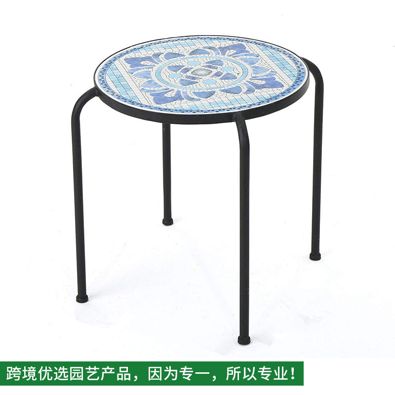中式复古蓝白色花朵图腾圆形马赛克铁艺花架室内外阳台花园小桌子
