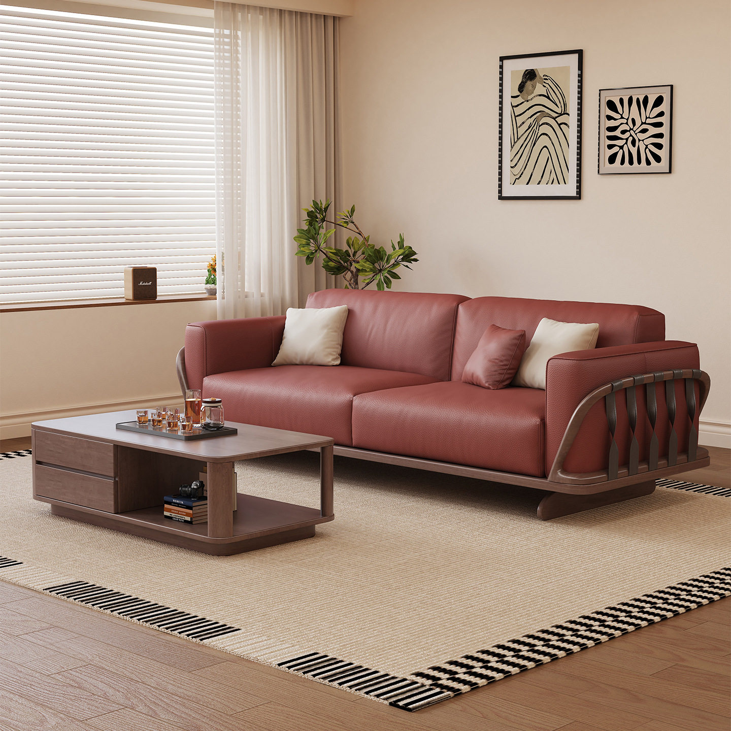 实木真皮沙发组合中式现代美学家用客厅小户型直排四人位软包沙发