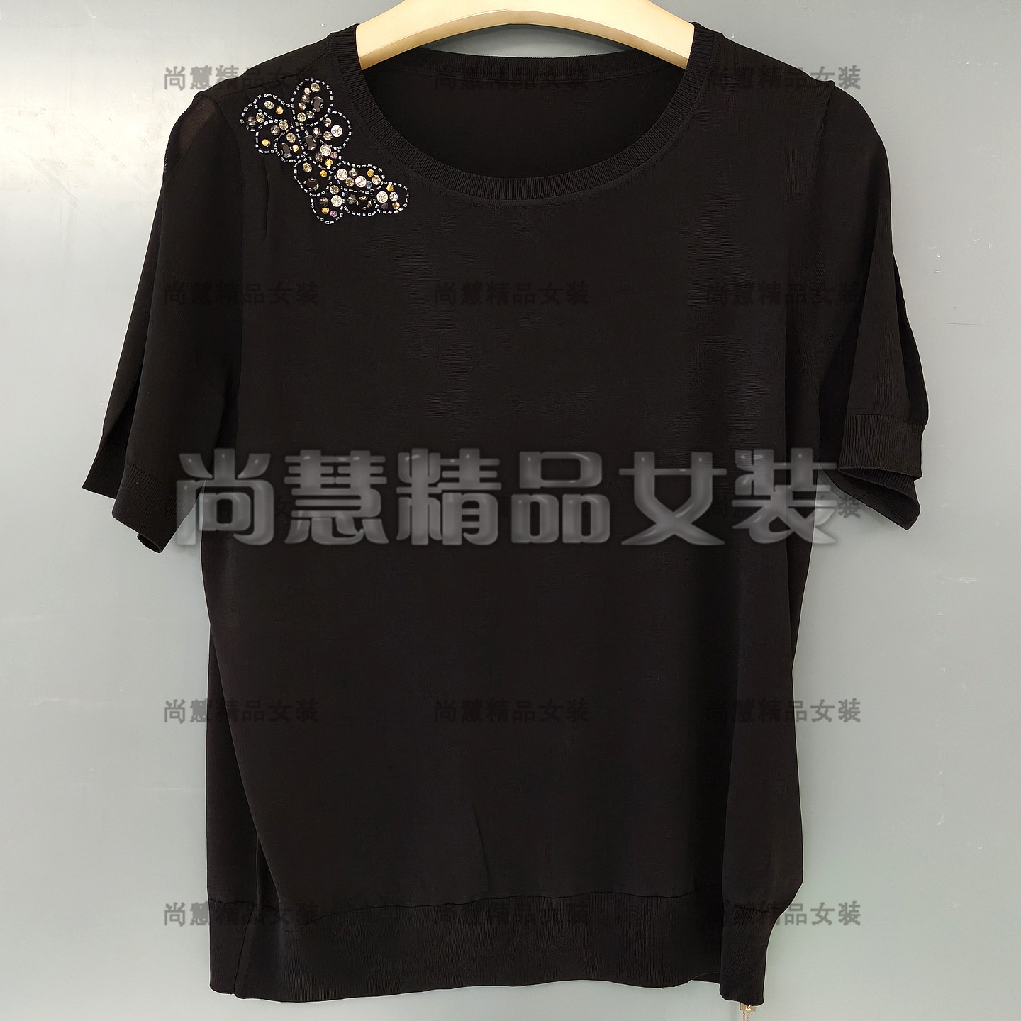 2026春夏新款女装7216S休闲黑色水钻装饰短袖针织上衣T恤