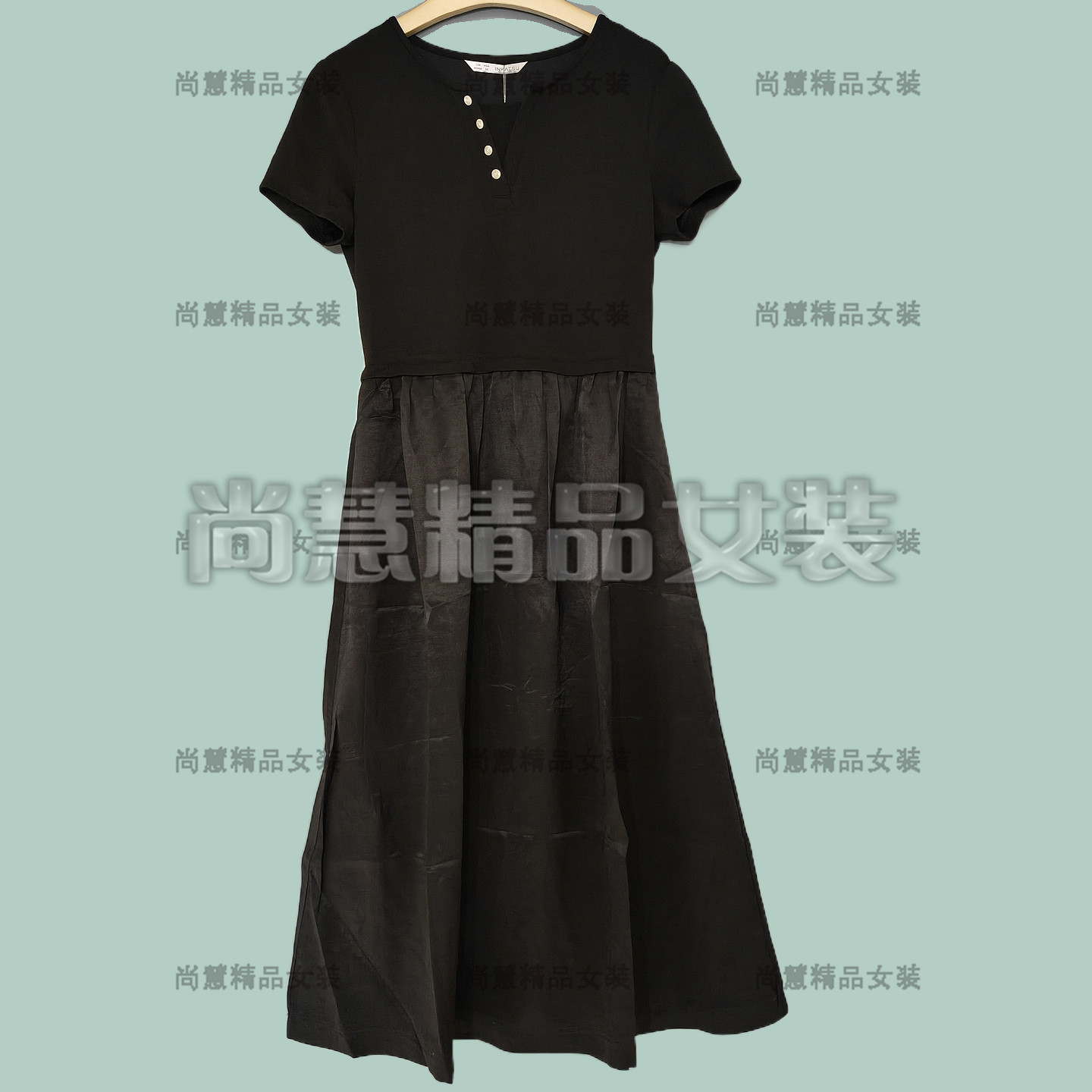 2026春夏新款女装66205F休闲简约短袖拼接连衣裙洋装