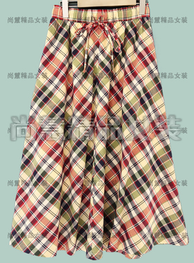 2026春夏新款女装65270B休闲格子褶皱抽绳大A摆中长半身裙