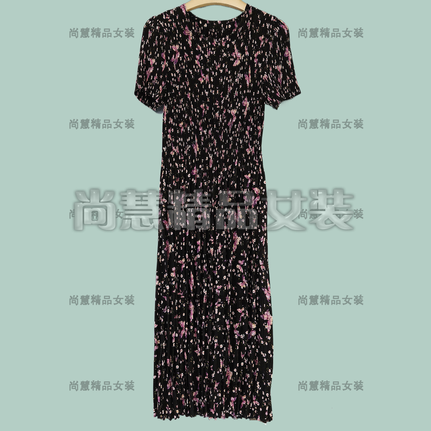 2026春夏新款女装7296D时尚优雅百褶碎花印花短袖连衣裙洋装