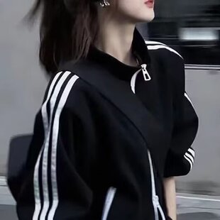 春夏款三条杠外套女韩版薄款夹克学生黑色棒球服女宽松bf潮