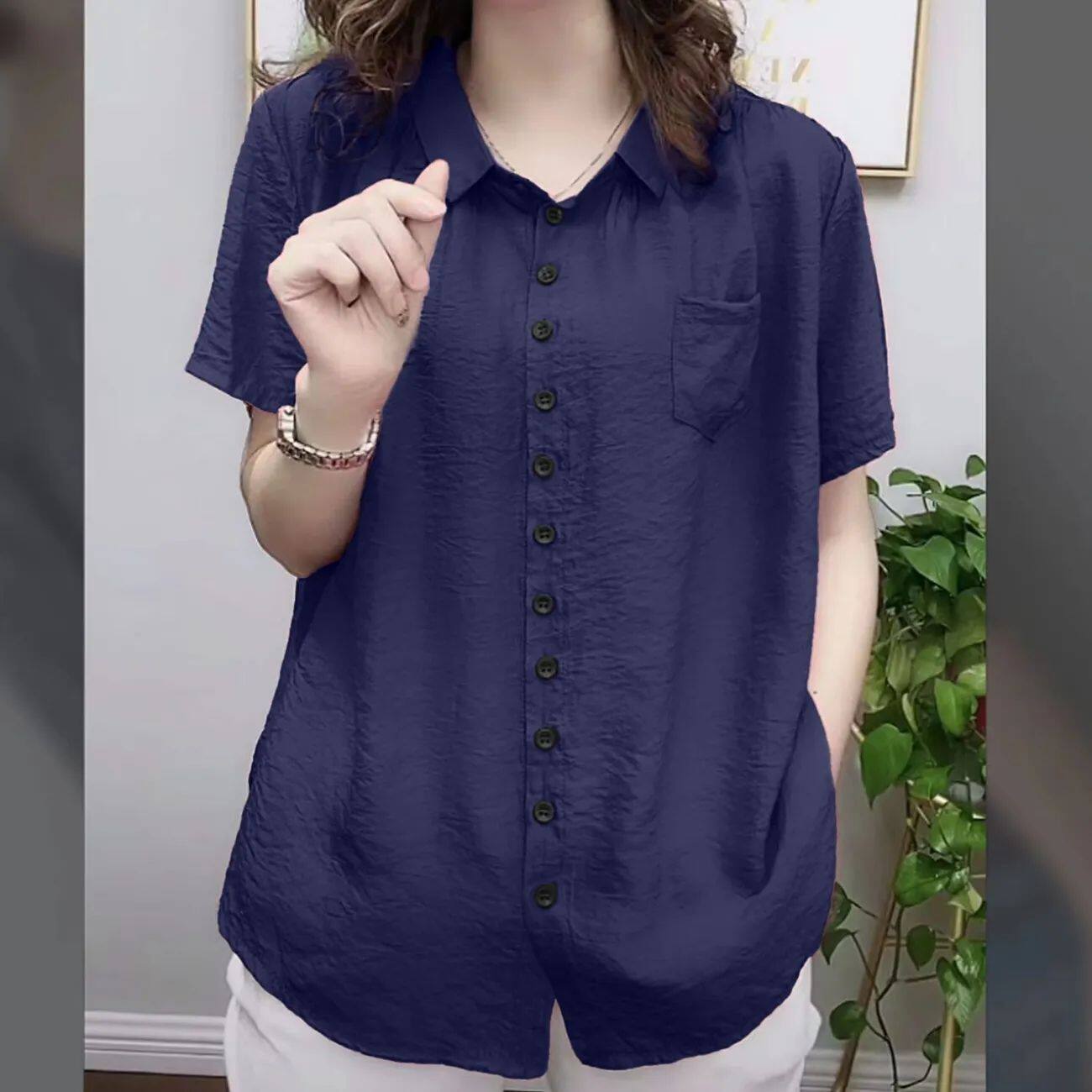 高档胖人女装胖妈妈加肥加大码衬衫遮肚子上衣老年人女装短袖开衫