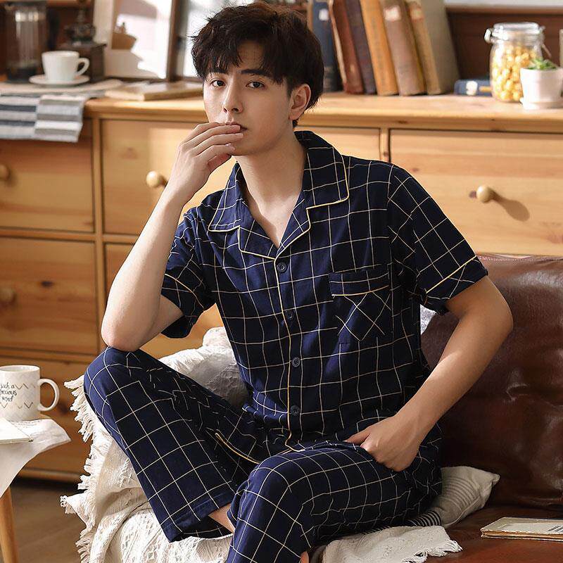 美梦睡衣男士短袖长裤春季纯棉薄款青少年夏天翻领格子家居服套装