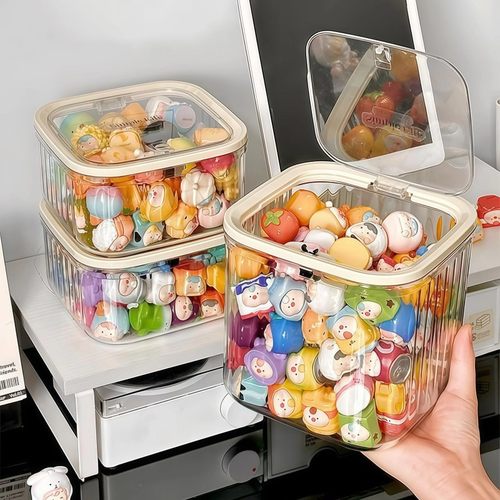 可爱小萌粒收纳盒透明迷你食玩盲盒积分卡罐子桌面摆件发饰展示架