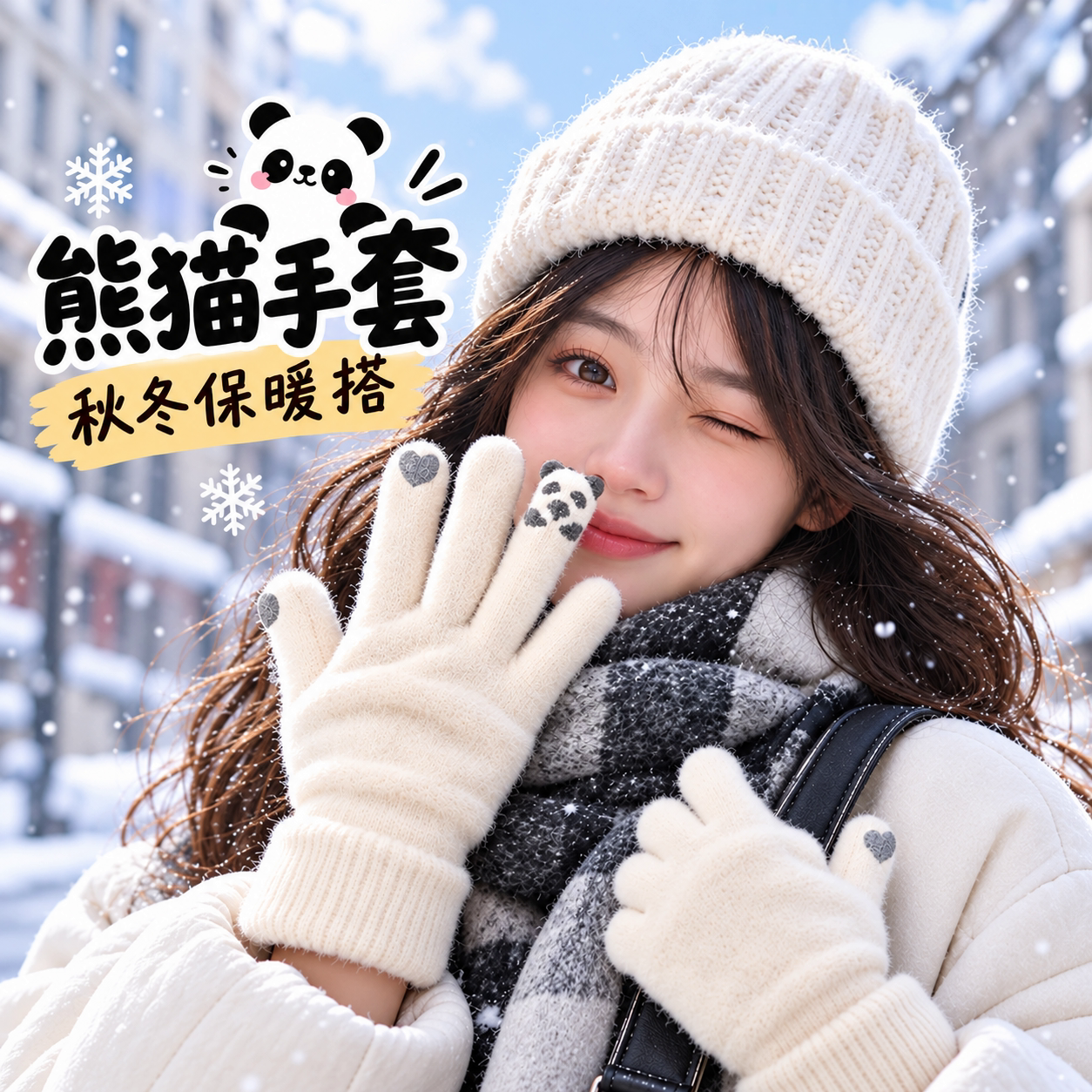 冬季女款加绒触屏五指手套