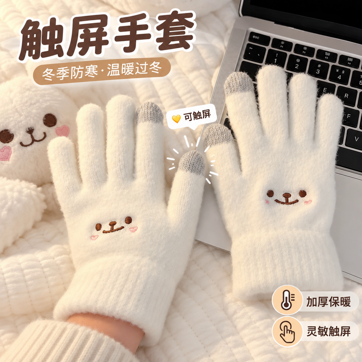 小熊手套可爱女生冬毛绒触屏手套保暖学生骑车可触屏冬季分指手套