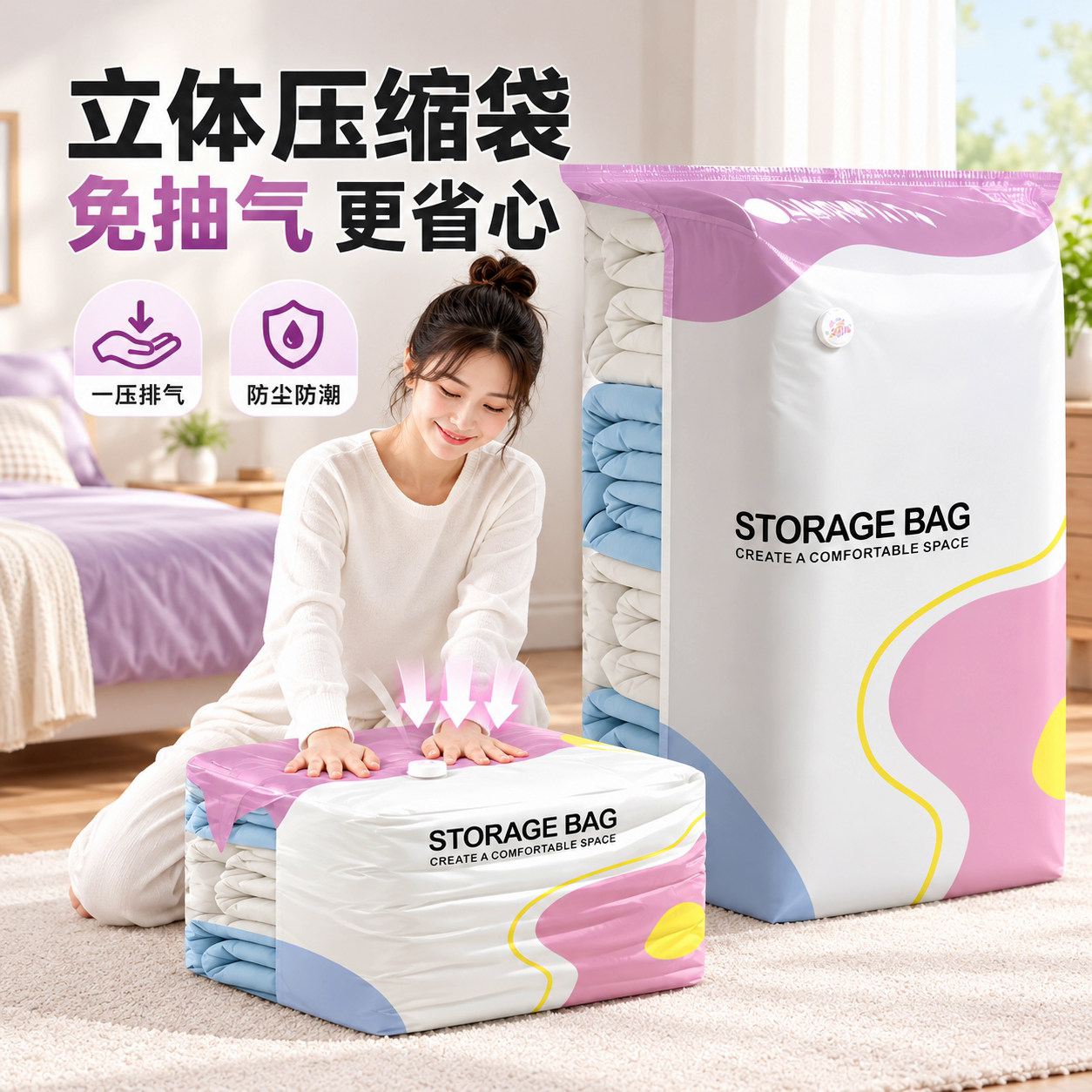 立体真空免抽气压缩袋宿舍打包袋家用羽绒服棉被防潮防尘收纳袋