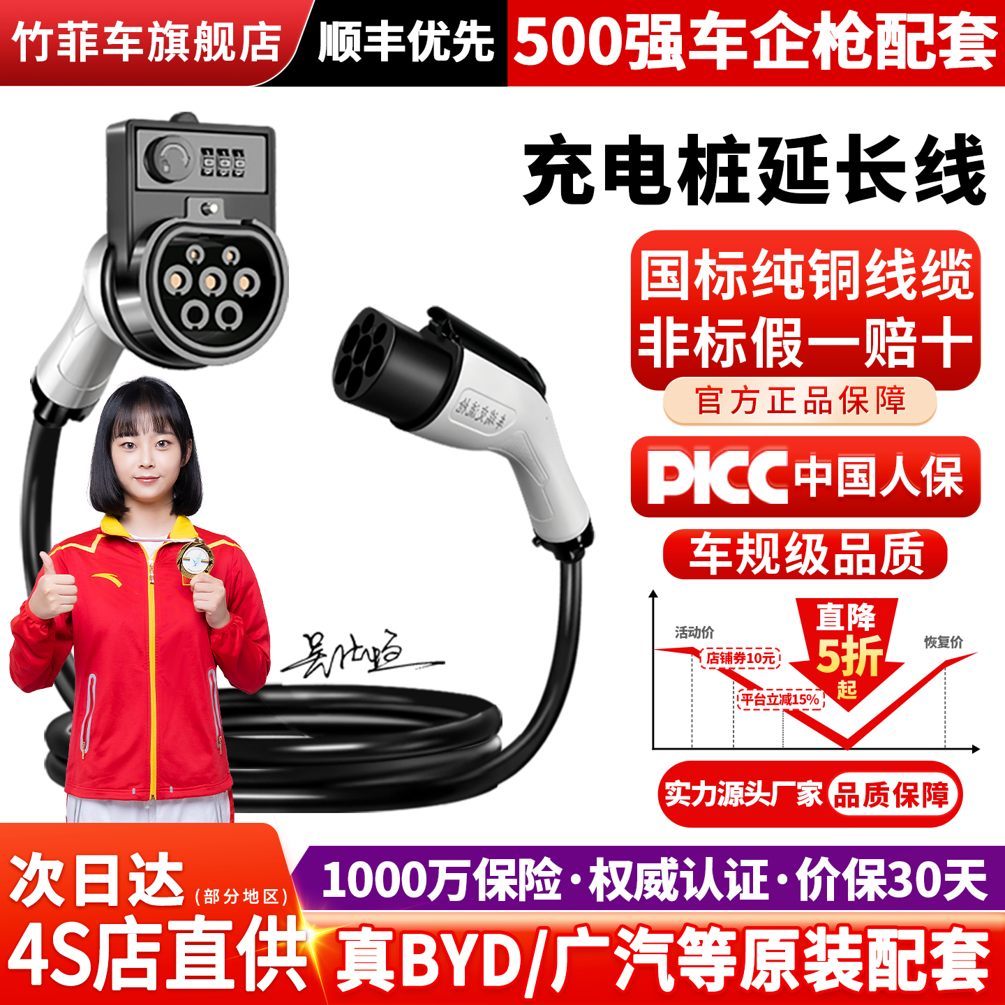 充电桩延长线新能源电动汽车32A7KW充电枪慢充枪头加长比亚迪家用