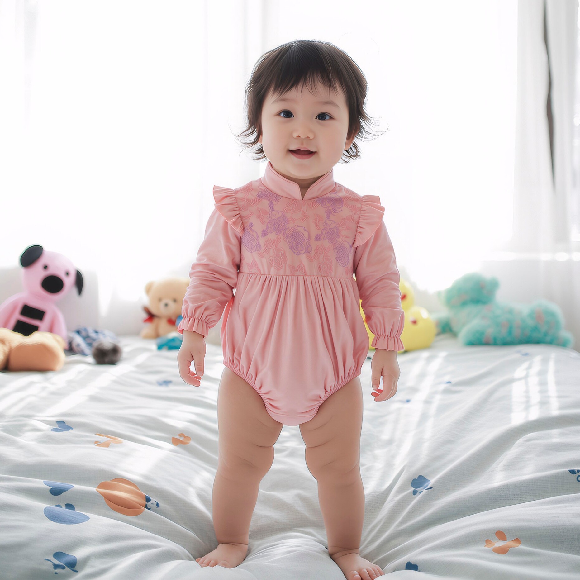 女婴儿粉色碎花三角哈衣可爱纯色长袖长爬衣服春秋冬季