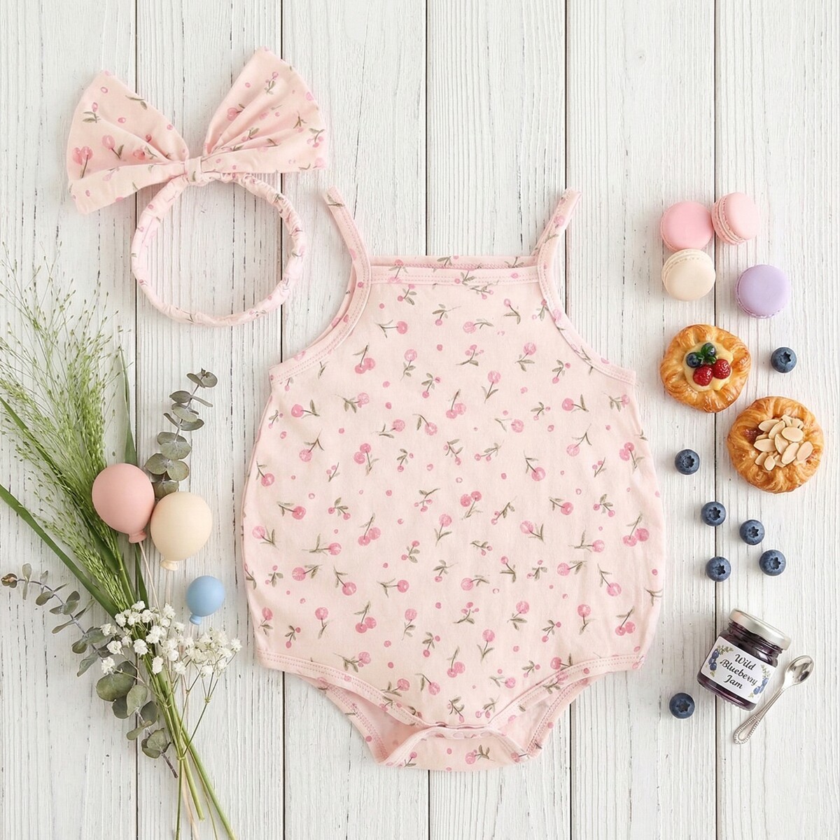 女婴儿粉色碎花哈衣三角包屁衣夏季宝宝爬服无袖ins纯棉配头带