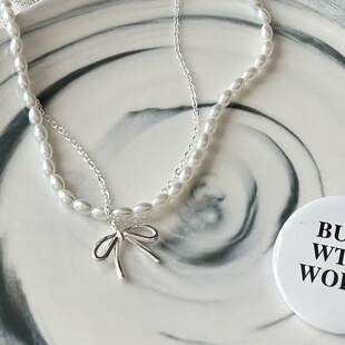 韩国东大门双层小米珍珠蝴蝶结项链 高级感双层设计 玉米专享