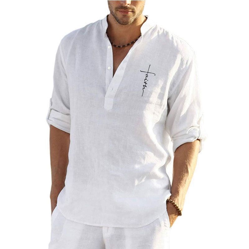 Mens Casual Linen Long Sleeve Shirt 2025 Loose Stand Collar