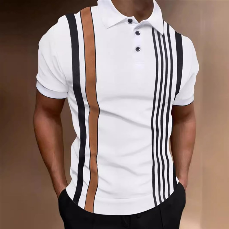 Mens Short Sleeve Striped Printed Button Polo Shirt TShirt T