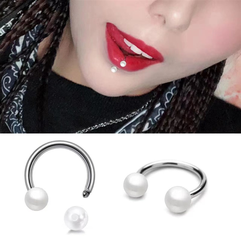 Acrylic Pearl Horseshoe LipRing Hoop Earring Stainless Steel