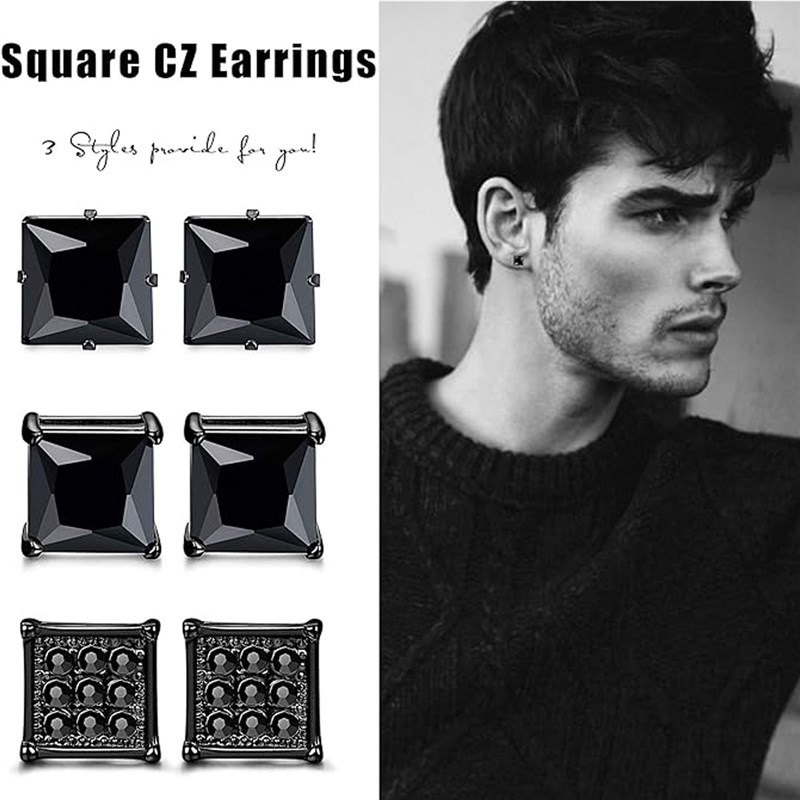 Black Zircon Stud Earrings Set for Men 10 Pairs Round Barbel