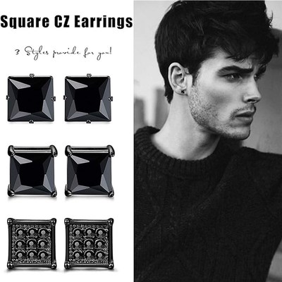 Black Zircon Stud Earrings Set for Men 10 Pairs Round Barbel
