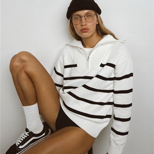 Striped Sweater Womens Loose and Zipper European Amer Collar