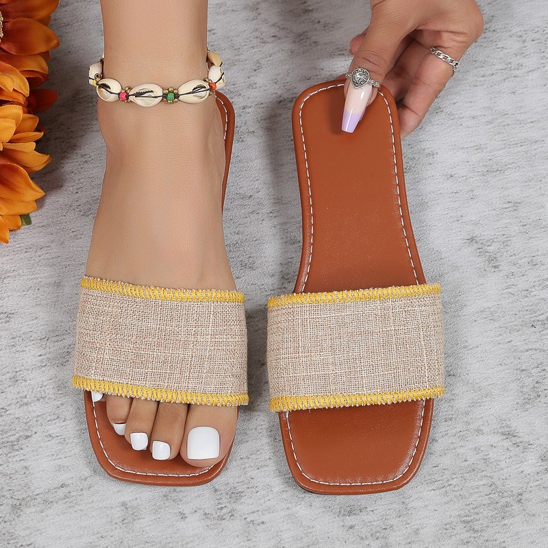 Flat Leopard Print Oneword Slippers Womens Squaretoe Beach S