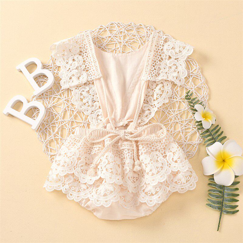Pure Color Backless Strappy Lace Trim Infant Romper for Kids