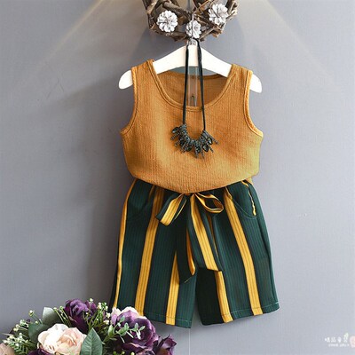 Summer Fashionable TwoPiece Set for Girls Striped Shorts and