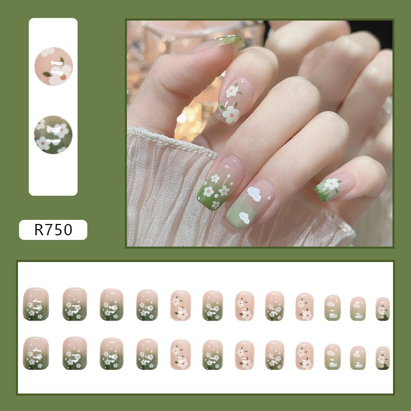 Spring Cute Short Green Flower Nail Wearable Ins Style Simpl