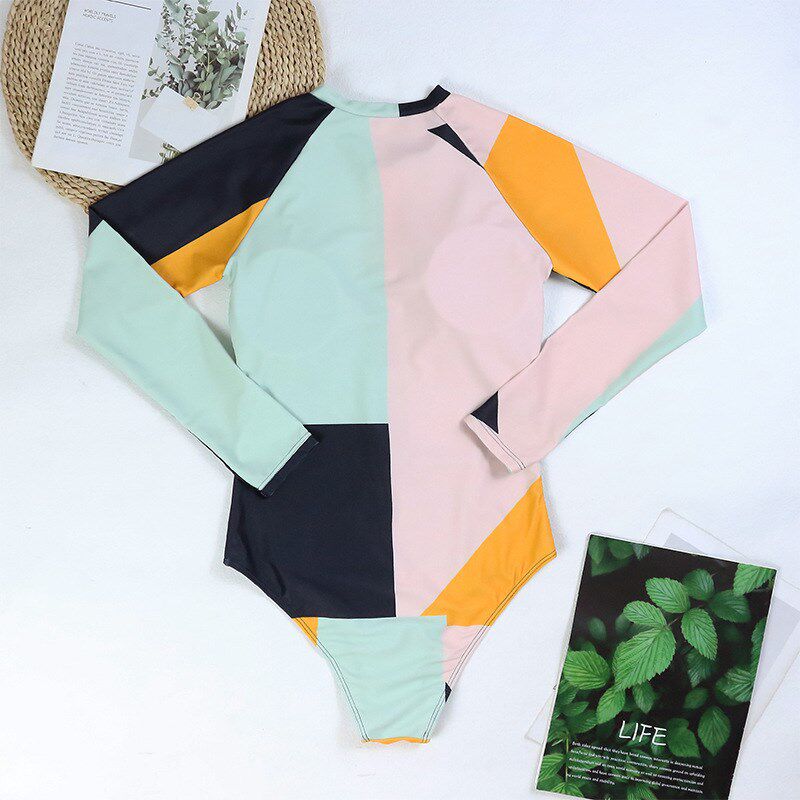 Zipper Round Neck Long Sleeve High Waist Bodysuit Swimwear 2