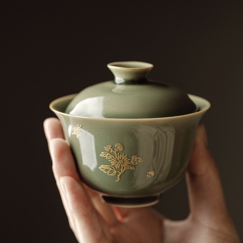Longquan Celadon Covered Bowl Kung Fu Tea Set Plum Green Han