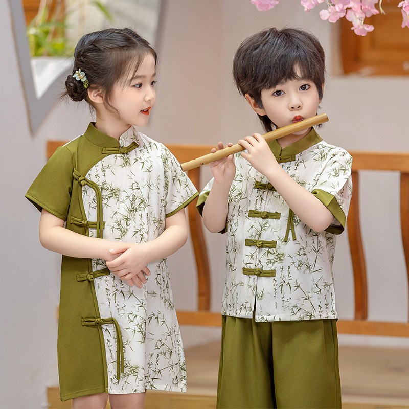 Chinese Style Bamboo Kids Hanfu 2Piece Retro Tang Suit for B
