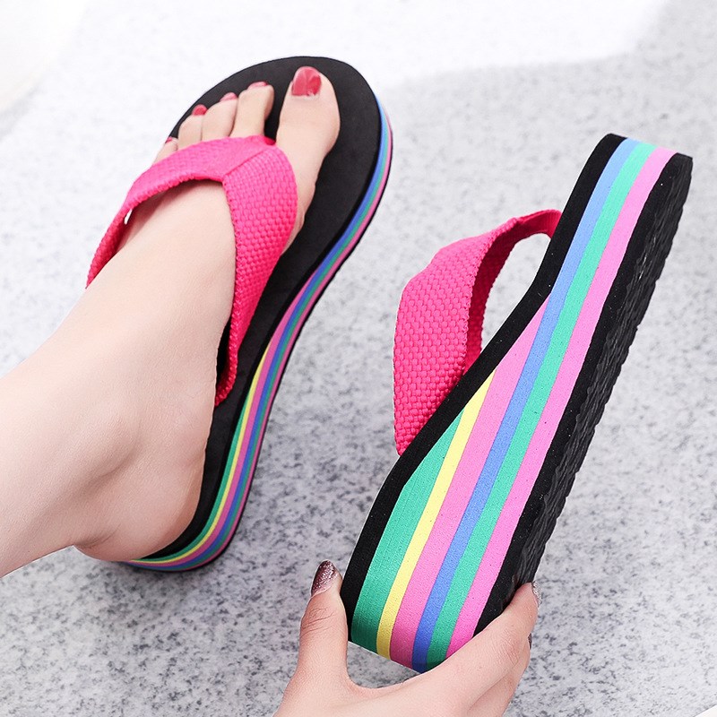 Rainbow Striped Flip Flops Women Beach Wedge Heel Slippers C