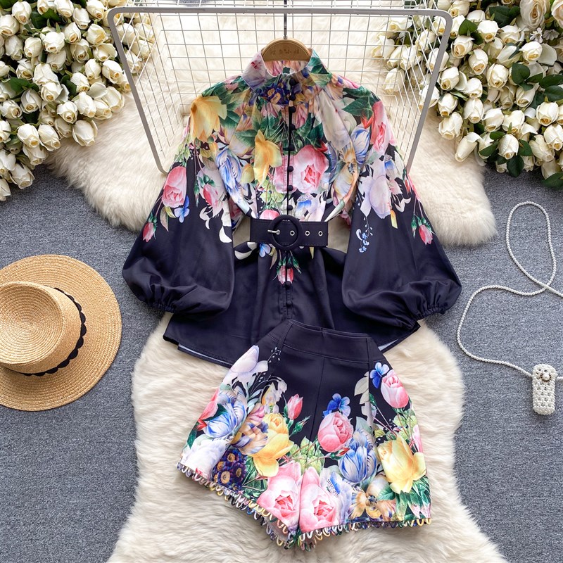 French Court Style Spring Set Design Print Collar Shirt Vers