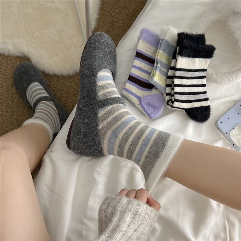 Winter Thick Striped Mid Tube Socks for Women Japanese Colle