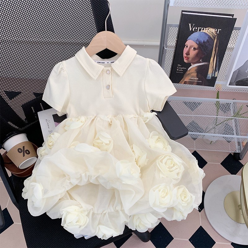 Girls 3D Rose Flower Dress Summer Kids Puffy Skirt Babys Pol