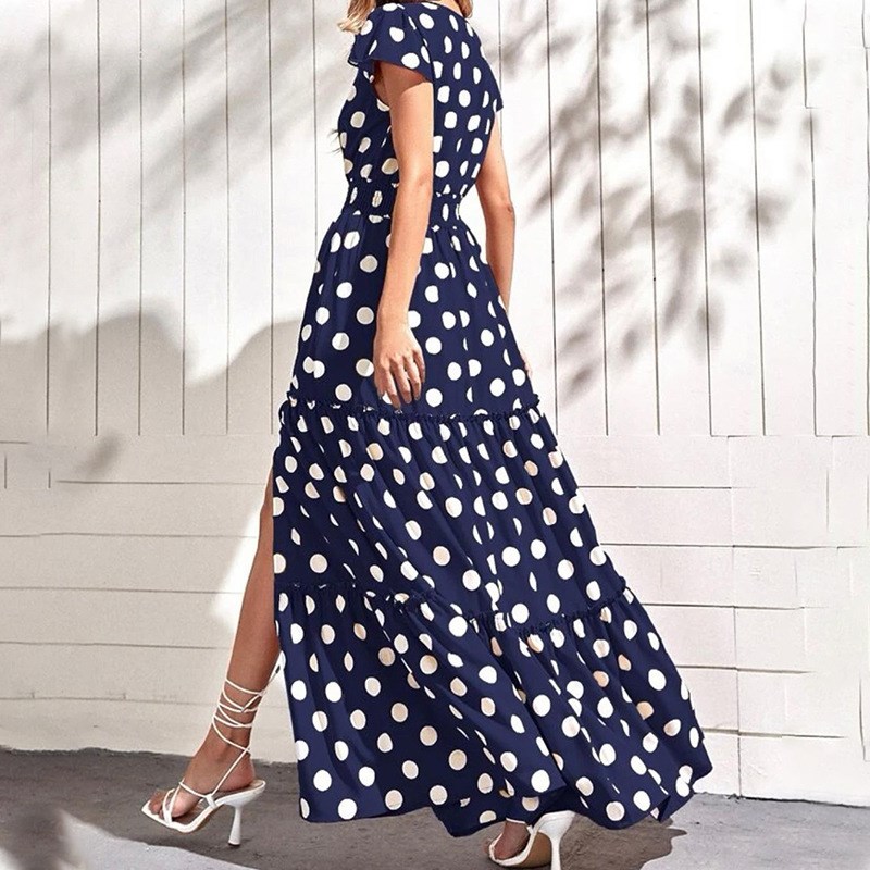 Summer Fashion VNeck Dress MidLength Side Slit Polka Dot for