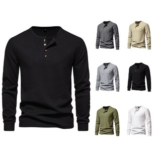 Mens Fashion Solid Color 4Button Waffle Henley Long Sleeve T