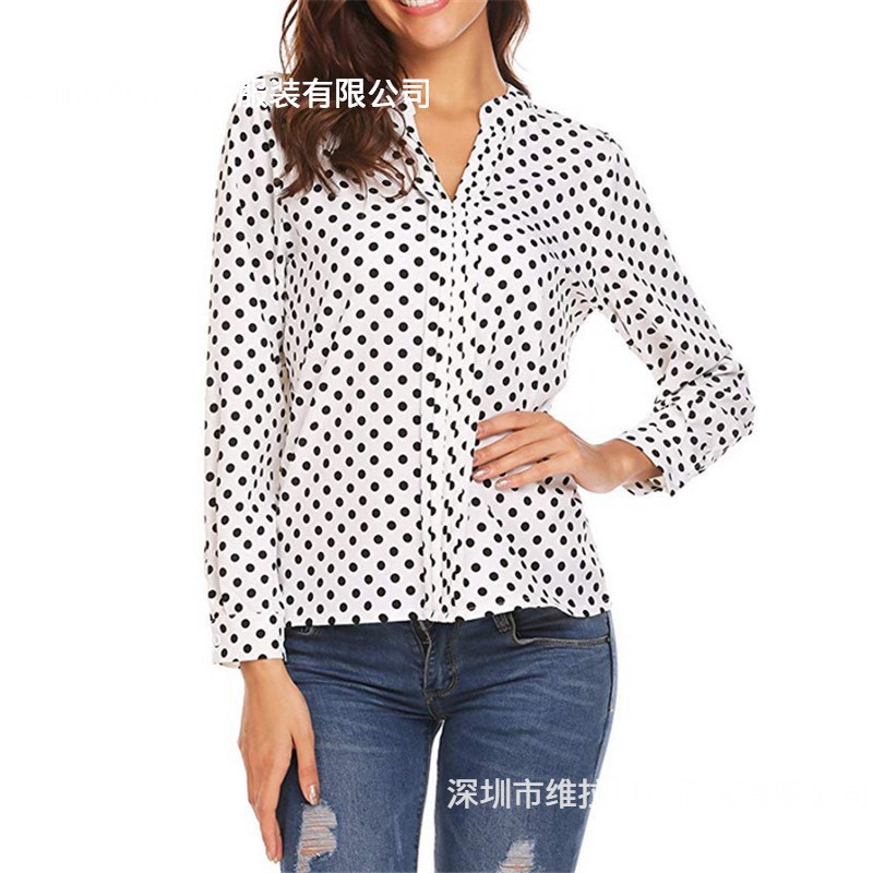 Large Quantity Plus Size Dot Print VNeck Long Sleeve RollUp