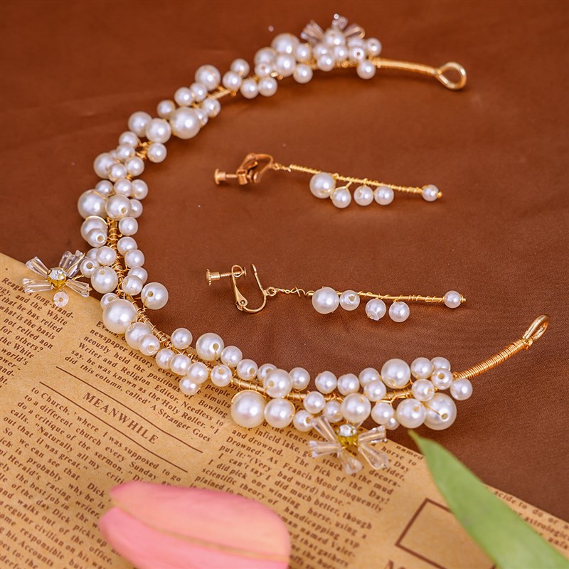 Simple Bridal Hairband Earrings Set Korean Handmade HalfCirc