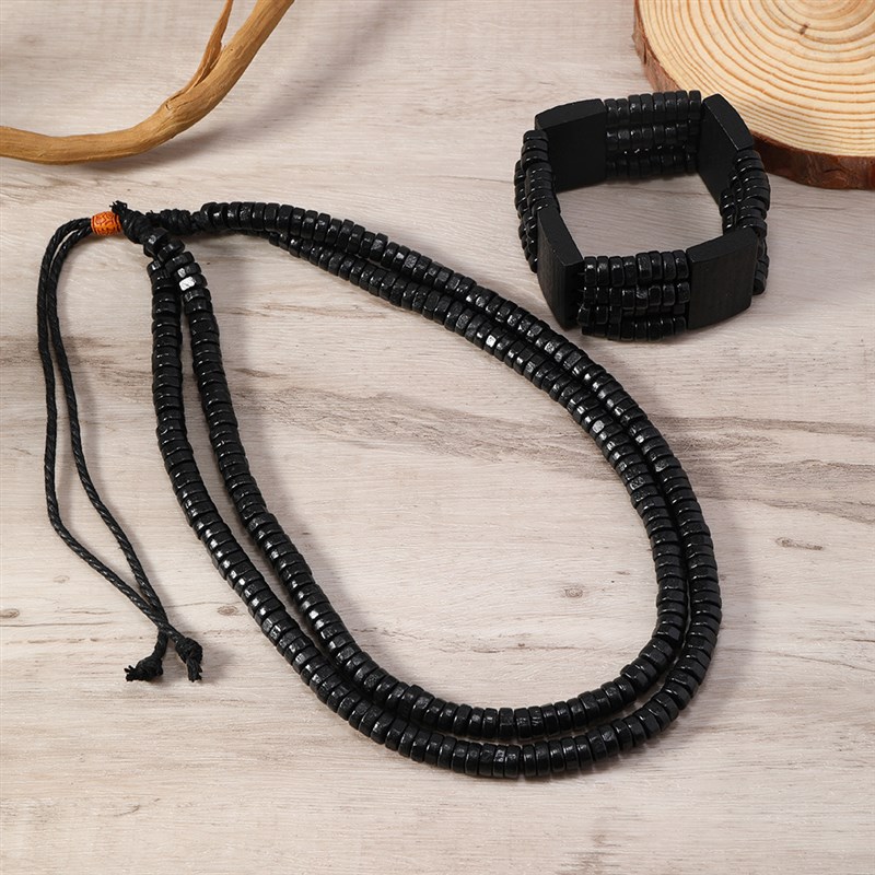 Black Wooden Bead Mens Jewelry Set Retro Handmade Multilayer