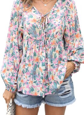 2025 Womens Floral Ruffled Waist Shirt Tie VNeck Casual Long