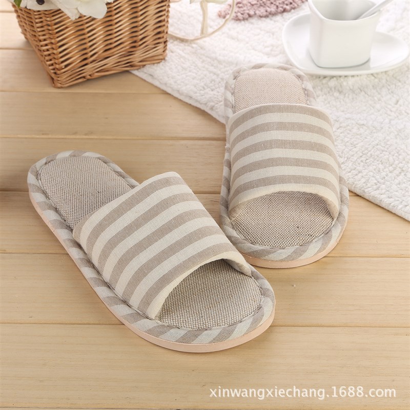 Japanese Couple Striped Linen Slippers 4Season Indoor Home A