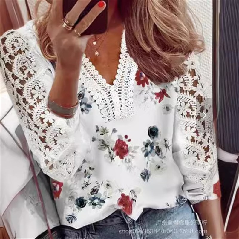 Summer 2025 European American Vneck Lace Patchwork Long Slee