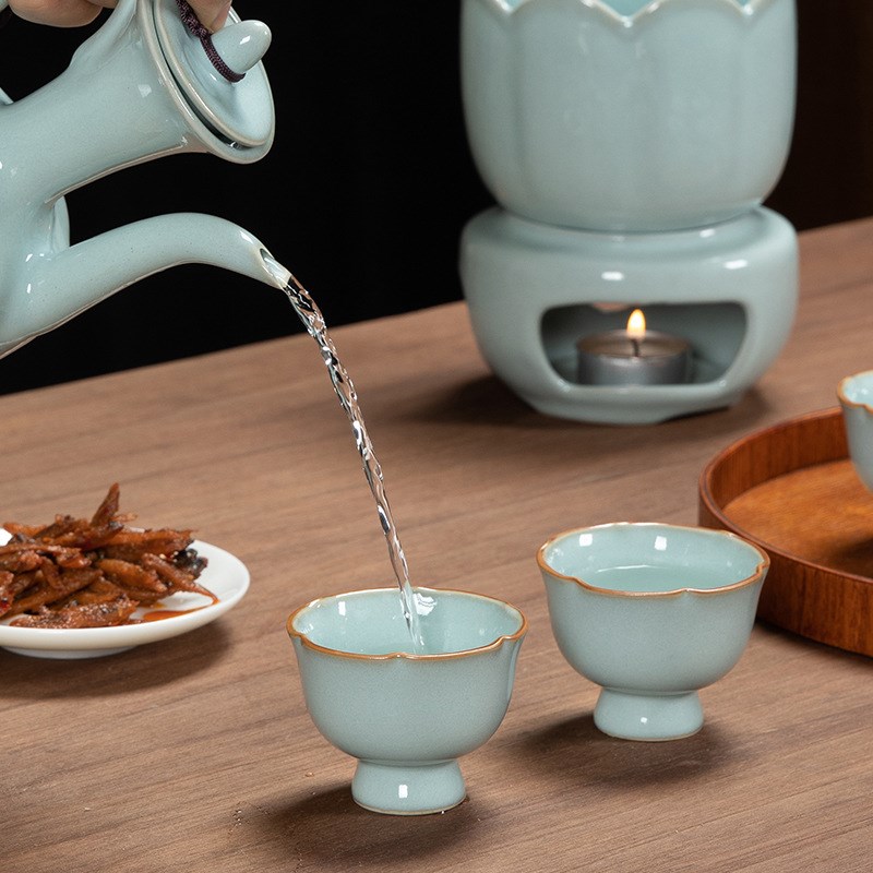 Wine Warmer Set Ru Kiln Ceramic Cup Heating Sake Liquor Home